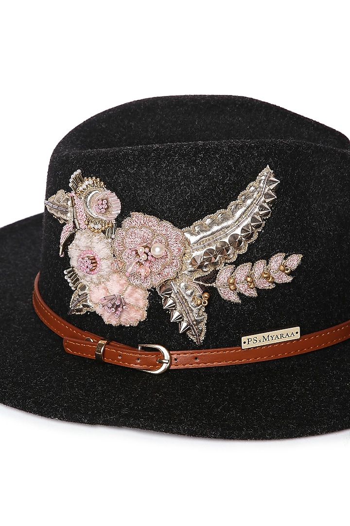 Black Felt Leather Garden Embroidered Panama Hat by PAYAL SINGHAL ACCESSORIES at Pernia's Pop Up Shop