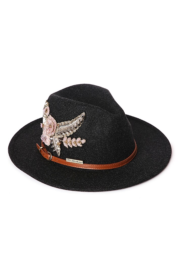 Black Felt Leather Garden Embroidered Panama Hat by PAYAL SINGHAL ACCESSORIES at Pernia's Pop Up Shop