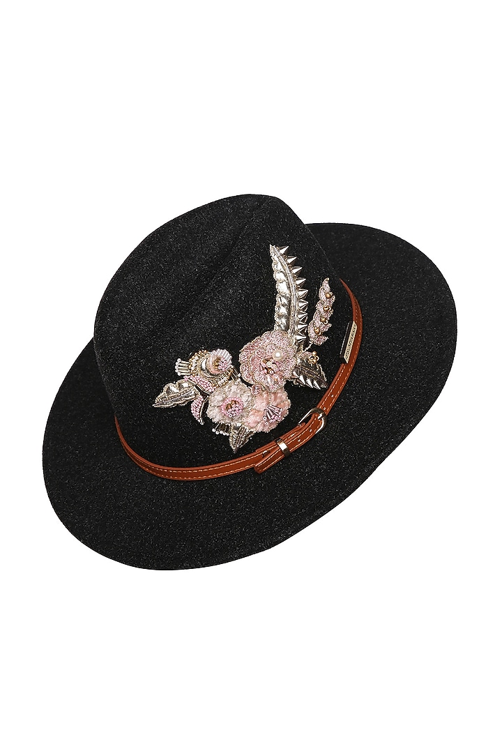 Black Felt Leather Garden Embroidered Panama Hat by PAYAL SINGHAL ACCESSORIES at Pernia's Pop Up Shop