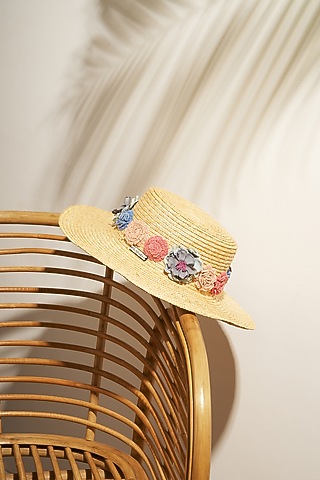 Beige Natural Wheat Straw Floral Embroidered Wide Brim Boater Hat by PAYAL SINGHAL ACCESSORIES