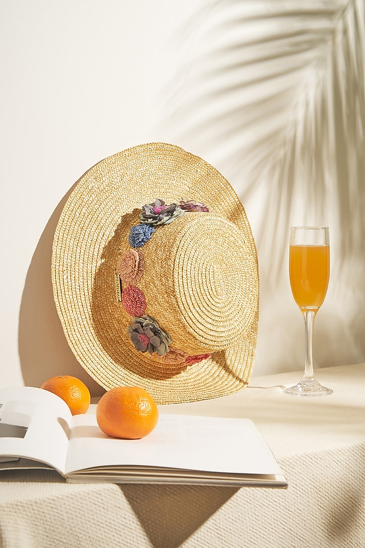 Beige Natural Wheat Straw Floral Embroidered Wide Brim Boater Hat by PAYAL SINGHAL ACCESSORIES at Pernia's Pop Up Shop