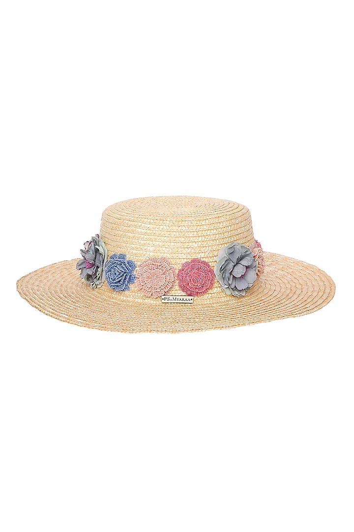 Beige Natural Wheat Straw Floral Embroidered Wide Brim Boater Hat by PAYAL SINGHAL ACCESSORIES at Pernia's Pop Up Shop