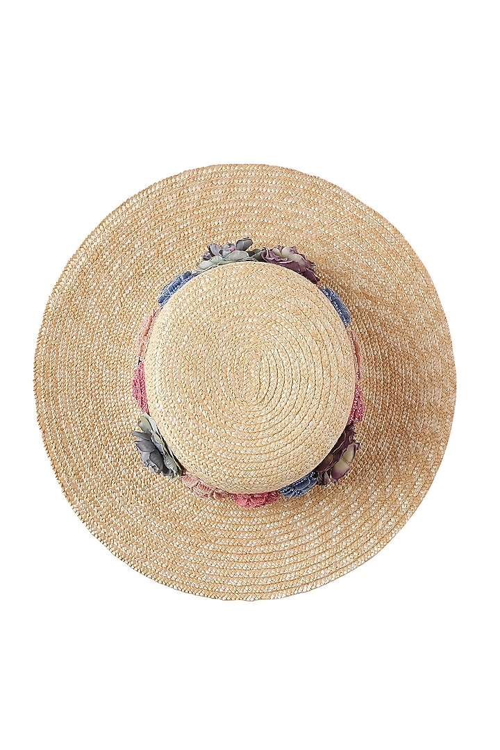 Beige Natural Wheat Straw Floral Embroidered Wide Brim Boater Hat by PAYAL SINGHAL ACCESSORIES at Pernia's Pop Up Shop