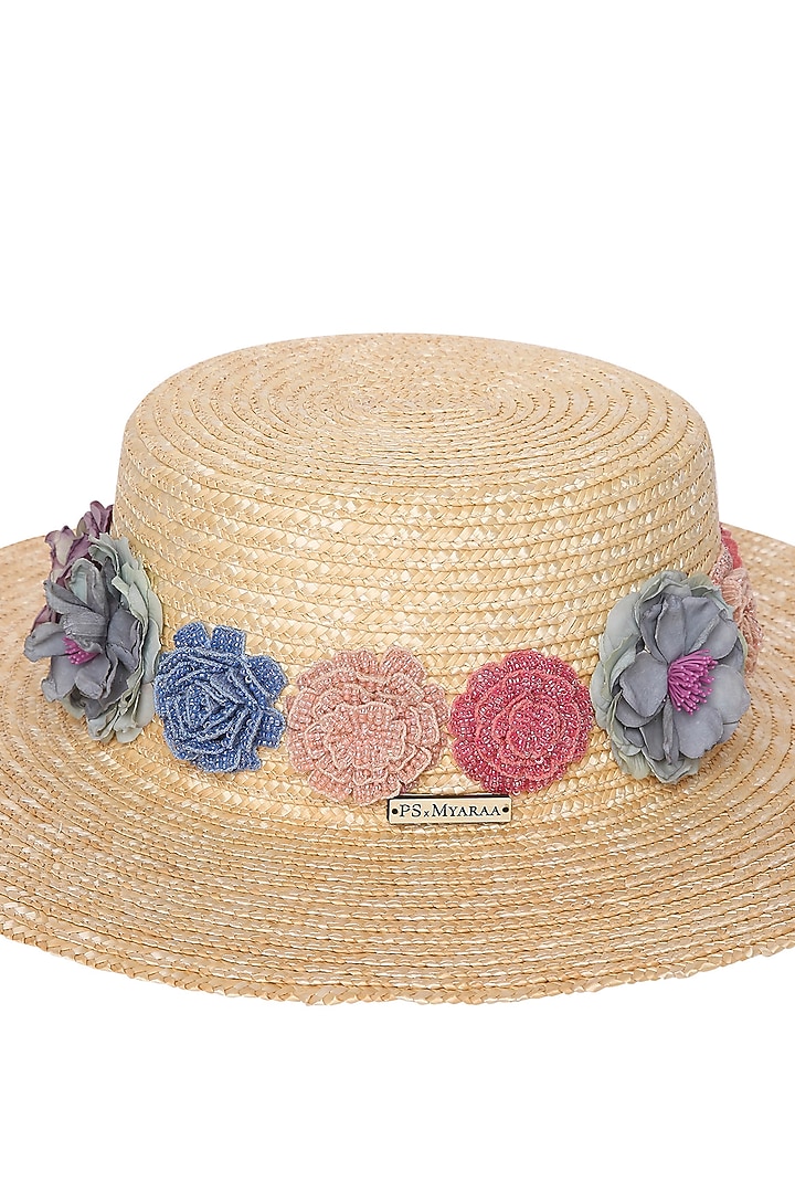 Beige Natural Wheat Straw Floral Embroidered Wide Brim Boater Hat by PAYAL SINGHAL ACCESSORIES at Pernia's Pop Up Shop