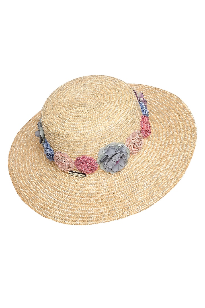 Beige Natural Wheat Straw Floral Embroidered Wide Brim Boater Hat by PAYAL SINGHAL ACCESSORIES at Pernia's Pop Up Shop