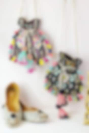 Black Crepe & Chanderi Embroidered Potli by PAYAL SINGHAL ACCESSORIES at Pernia's Pop Up Shop