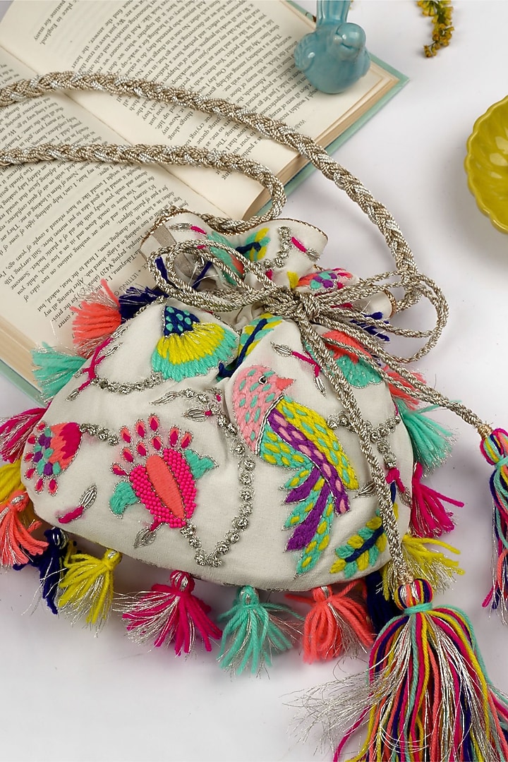 White Georgette Hand Embroidered Potli by PAYAL SINGHAL ACCESSORIES at Pernia's Pop Up Shop