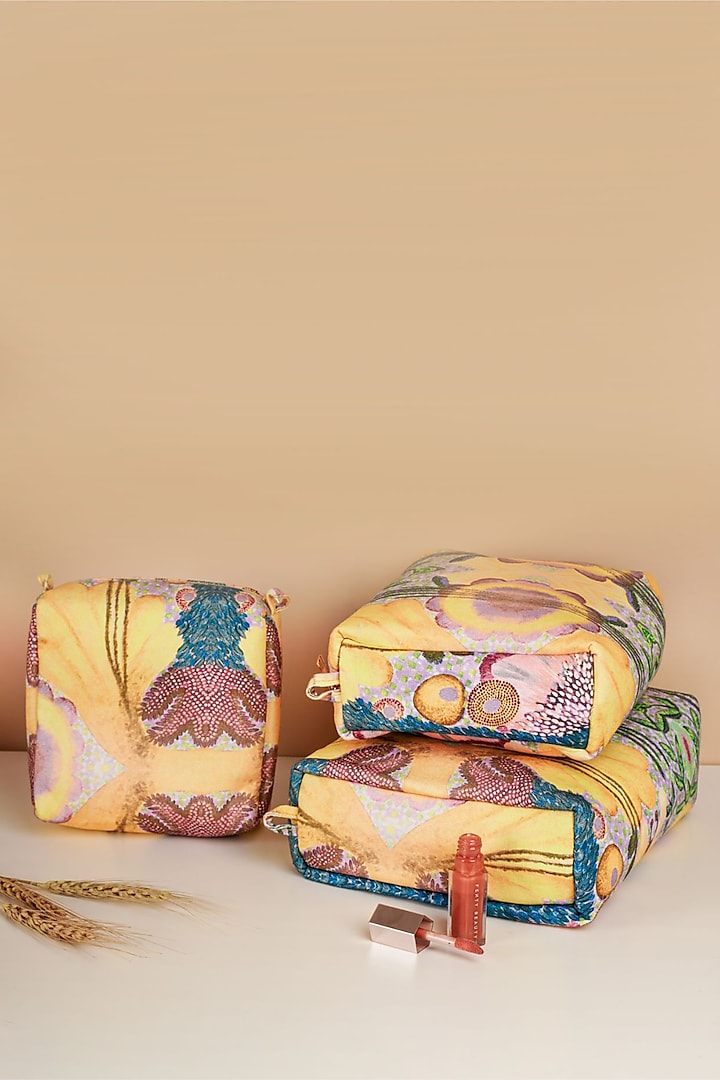 Yellow Canvas Printed Vanity Kit Set by PAYAL SINGHAL ACCESSORIES