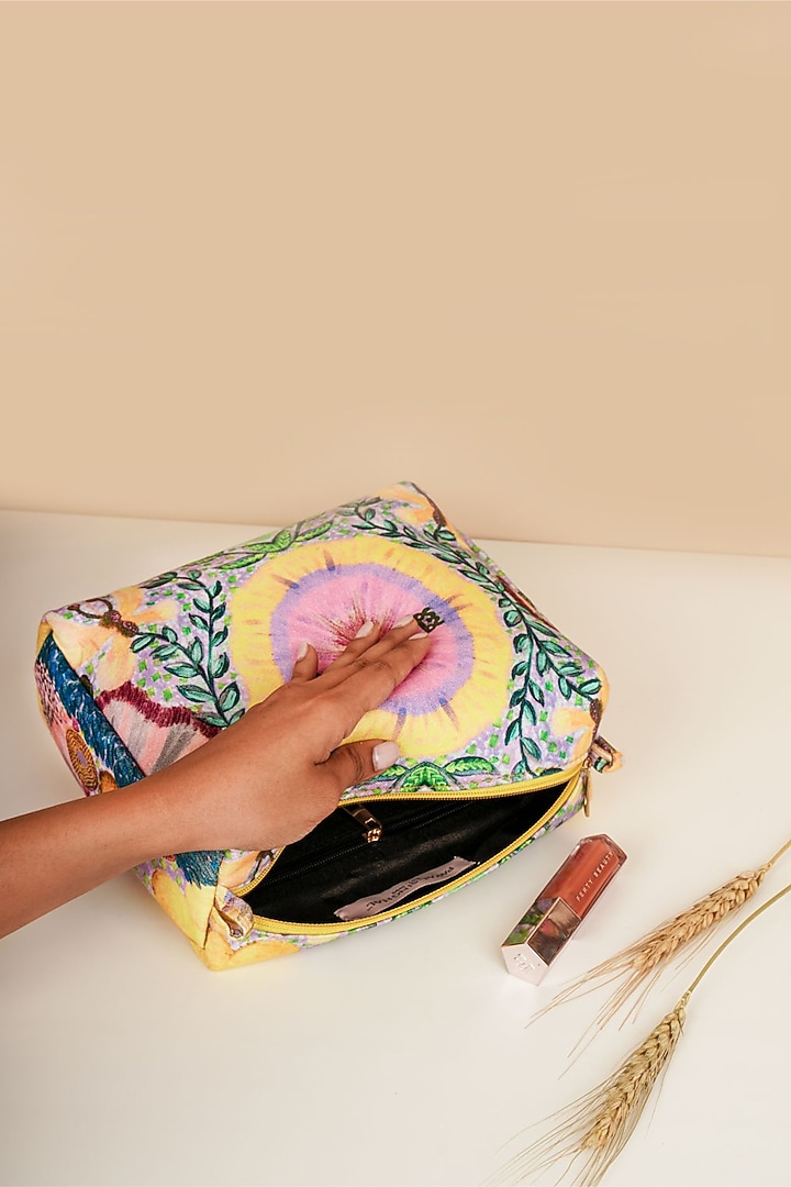 Yellow Canvas Printed Vanity Kit Set by PAYAL SINGHAL ACCESSORIES at Pernia's Pop Up Shop