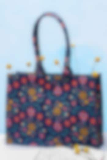 Navy Blue Canvas Printed Tote Bag by PAYAL SINGHAL ACCESSORIES