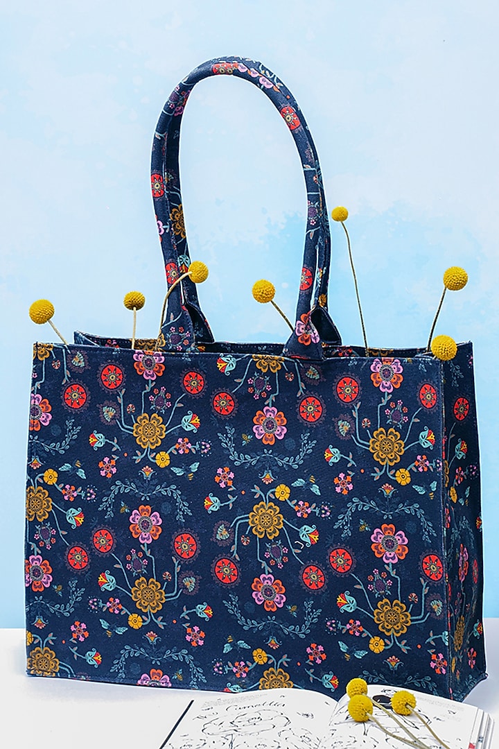 Navy Blue Canvas Printed Tote Bag by PAYAL SINGHAL ACCESSORIES