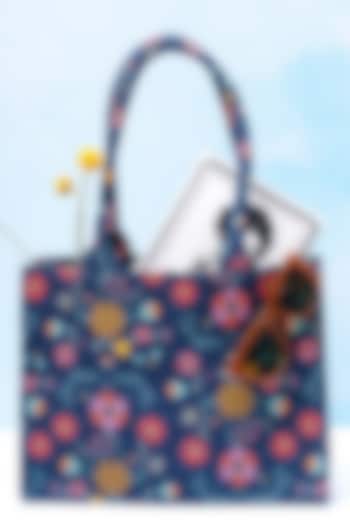 Navy Blue Spring Printed Small Tote Bag by PAYAL SINGHAL ACCESSORIES