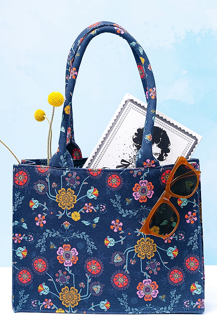 Navy Blue Spring Printed Small Tote Bag by PAYAL SINGHAL ACCESSORIES