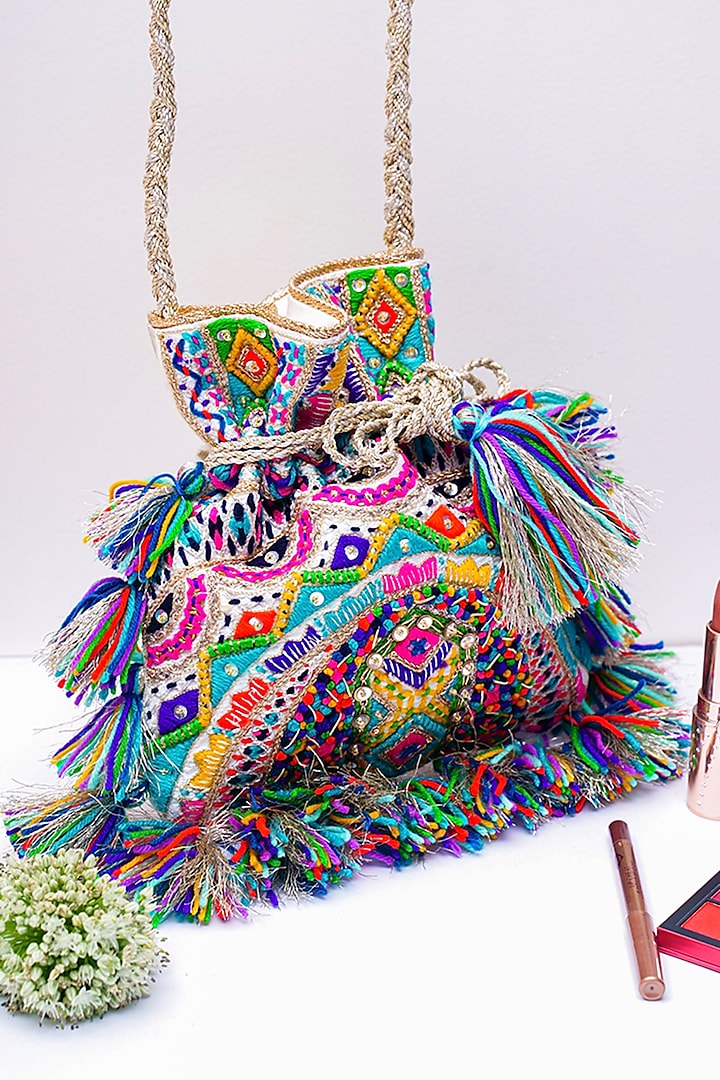 Multi-Colored Embroidered Potli by PAYAL SINGHAL ACCESSORIES