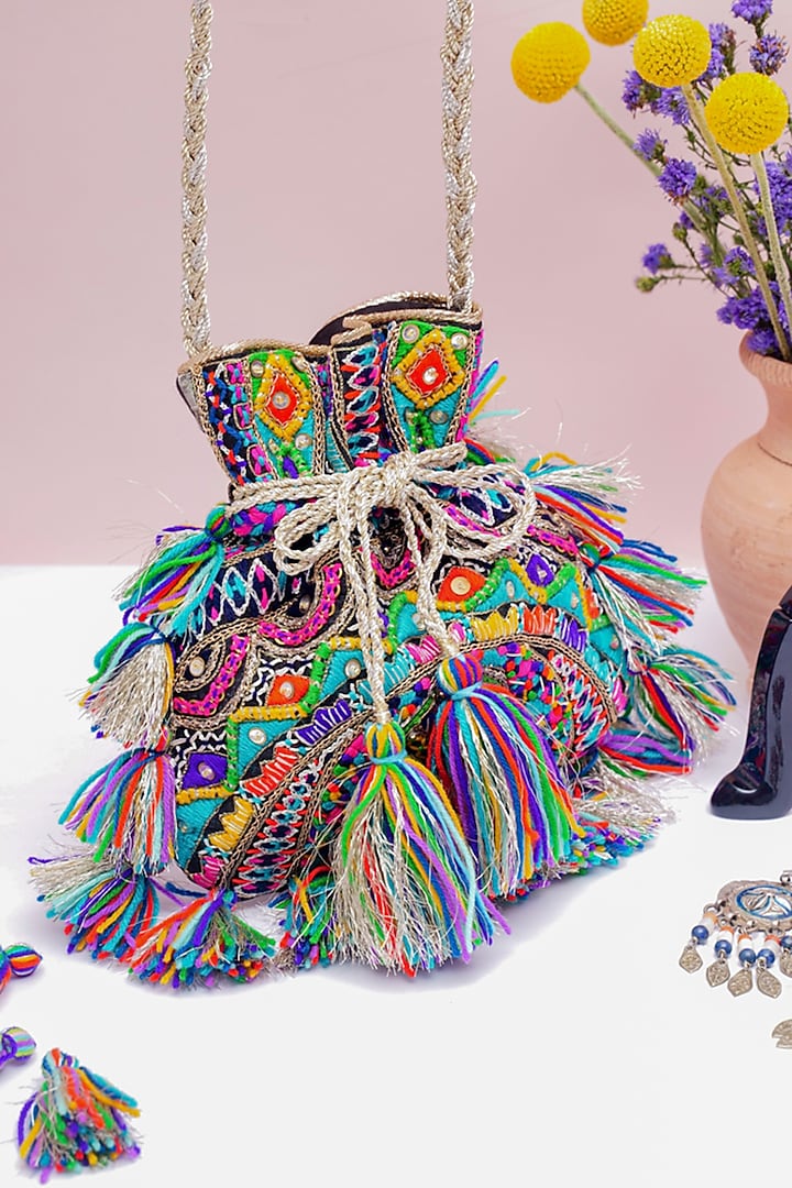 Multi-Colored Embroidered Potli With Tassels by PAYAL SINGHAL ACCESSORIES