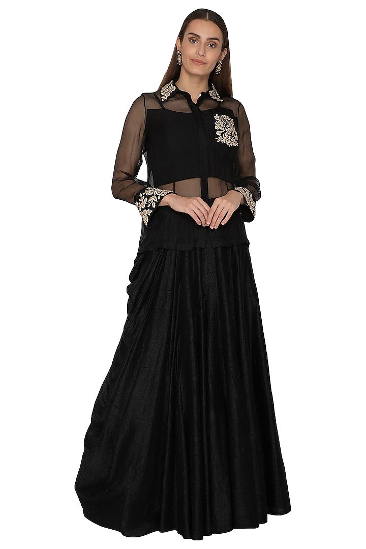 Black Embroidered Shirt With Draped Skirt by Priyanka Singh