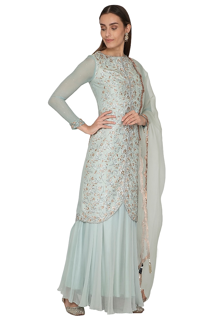 Sky Blue Embroidered Kurta Set by Priyanka Singh at Pernia's Pop Up Shop