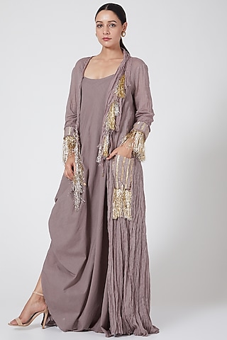 Grey Cotton Dress With Shrug by Priyanka Singh
