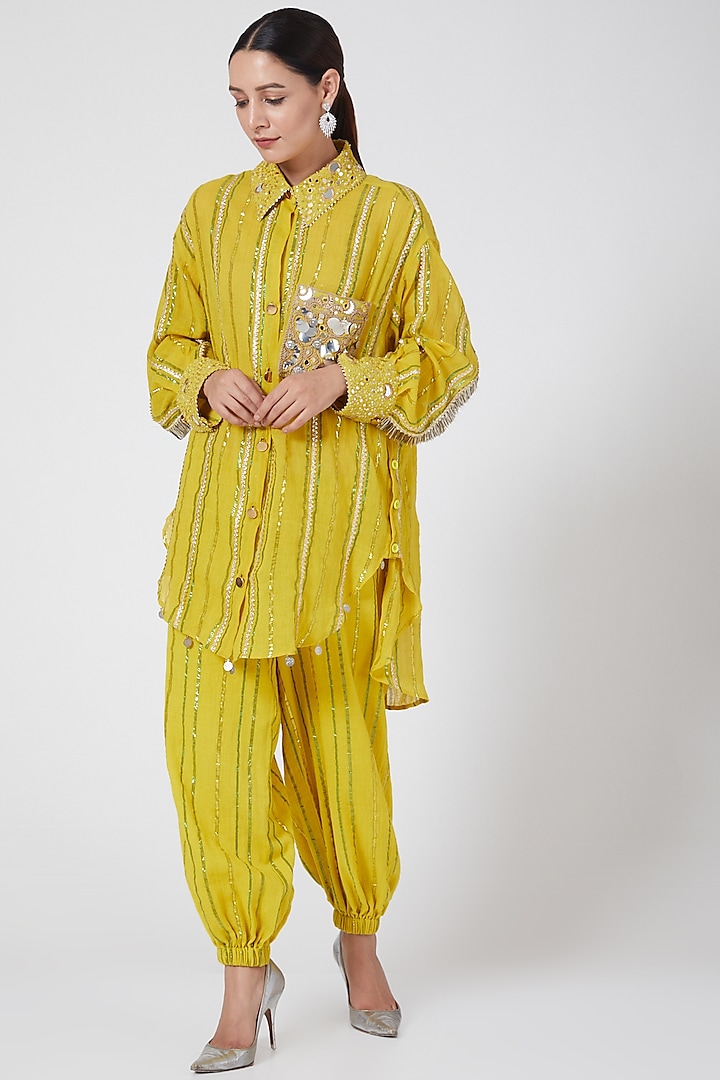 Yellow Embroidered Pant Set by Priyanka Singh