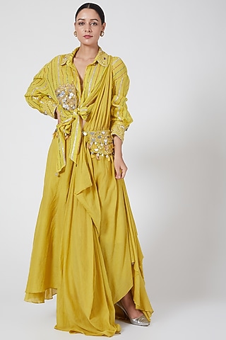 Yellow Shirt With Drape by Priyanka Singh