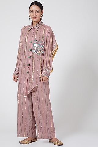 Mauve Embroidered Pant Set by Priyanka Singh