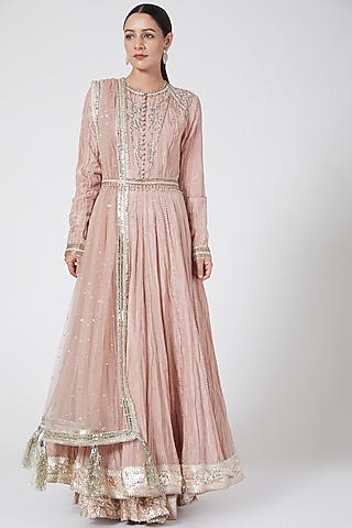 Nude Embroidered Anarkali Set by Priyanka Singh