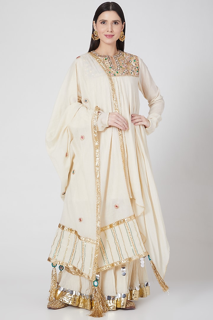 White Cotton Mirror & Dori Embroidered Gharara Set by Priyanka Singh