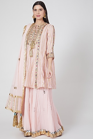 Peach Embroidered Sharara Set by Priyanka Singh