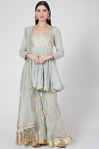 Mint Green Cotton Embroidered Gharara Set by Priyanka Singh