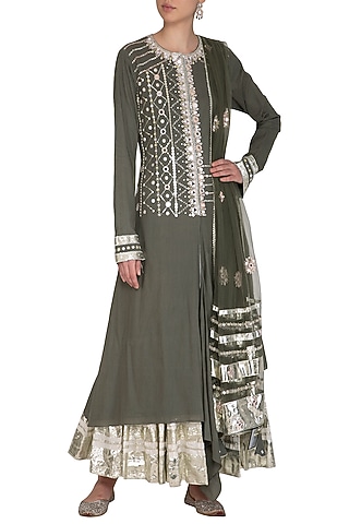 Olive Green Embroidered Asymmetric Lehenga Set by Priyanka Singh