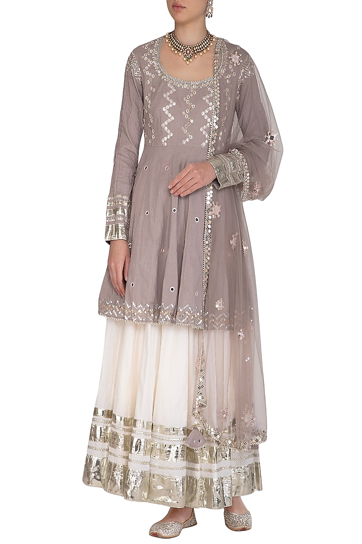 Grey Embroidered Kalidar Wedding Lehenga Set by Priyanka Singh at Pernia's Pop Up Shop