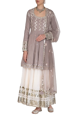 Grey Embroidered Kalidar Lehenga Set by Priyanka Singh