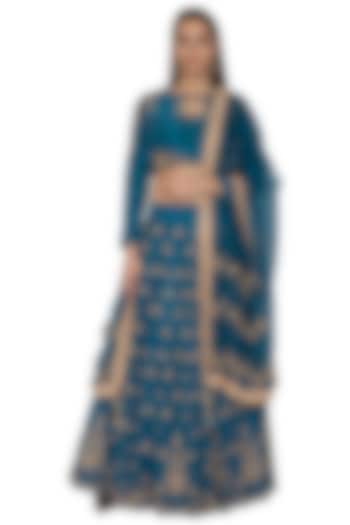 Teal Blue Embroidered Lehenga Set by Priyanka Singh