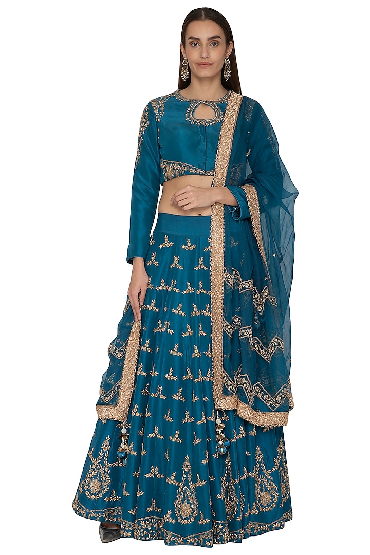 Teal Blue Embroidered Lehenga Set by Priyanka Singh