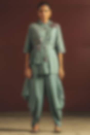 Sky Blue Embroidered Jumpsuit With Belt by Priyanka Singh at Pernia's Pop Up Shop