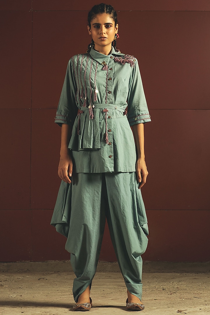 Sky Blue Embroidered Jumpsuit With Belt by Priyanka Singh