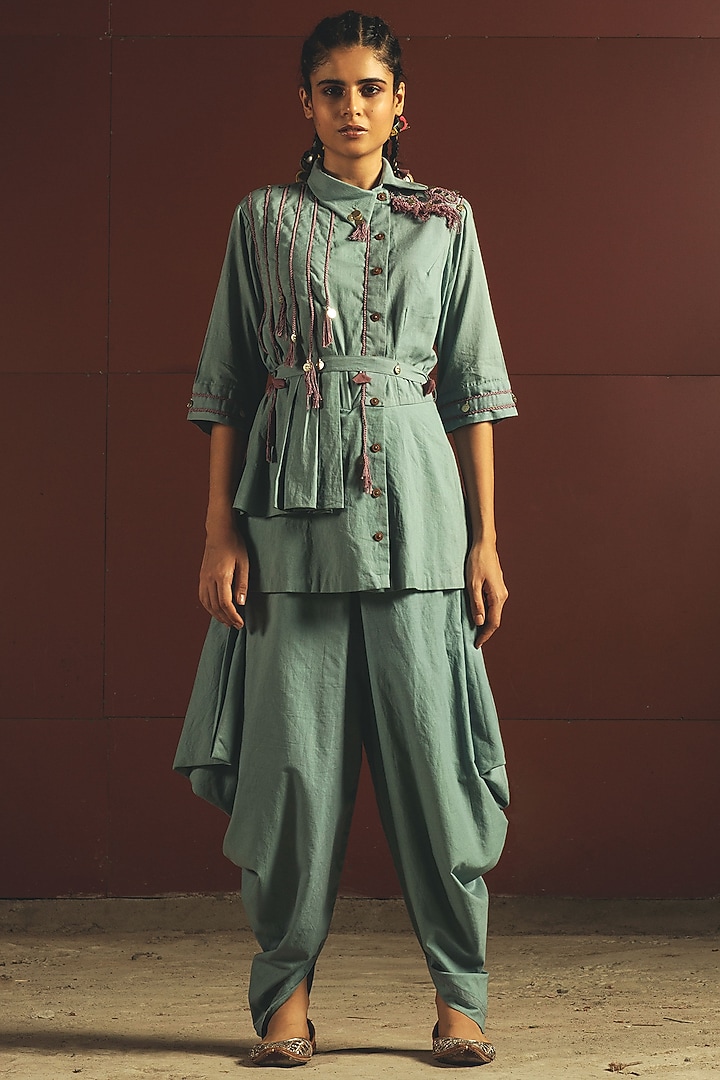 Sky Blue Embroidered Jumpsuit With Belt by Priyanka Singh at Pernia's Pop Up Shop