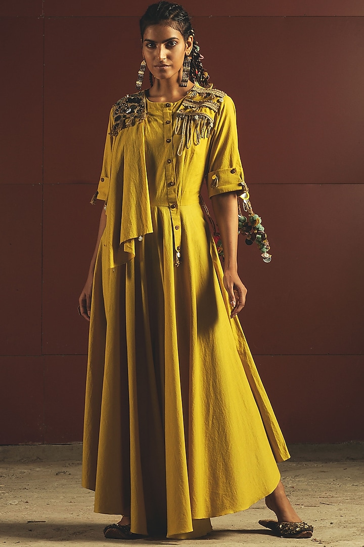 Yellow Embroidered & Pleated Jumpsuit by Priyanka Singh