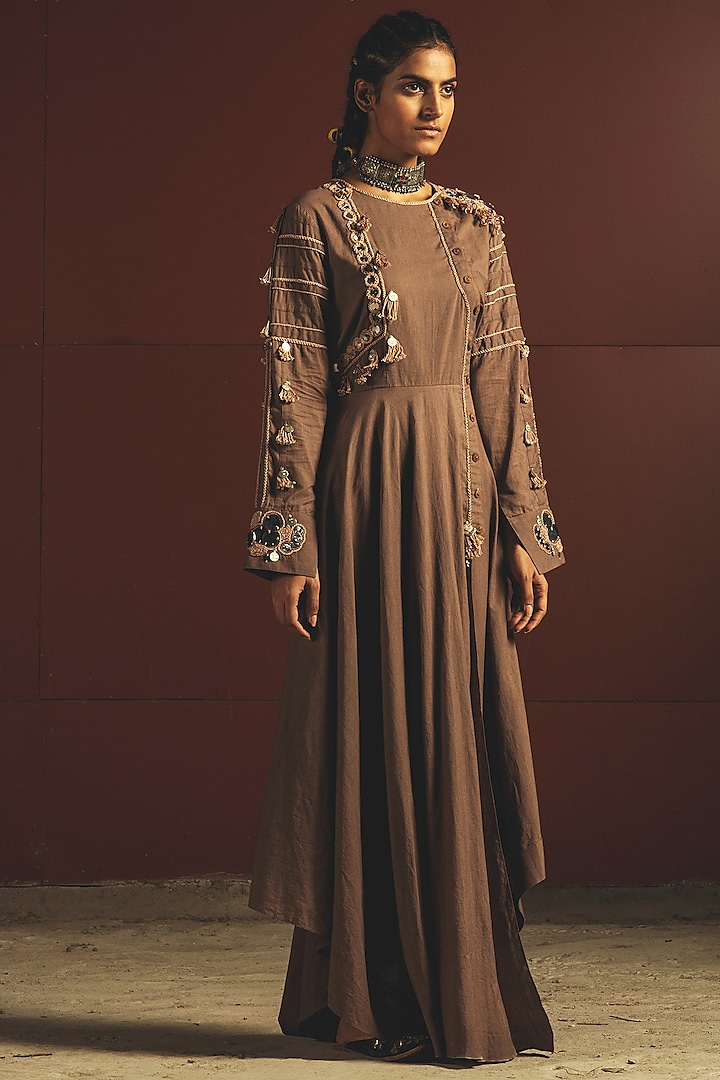Brown Mirror Embroidered Dress by Priyanka Singh