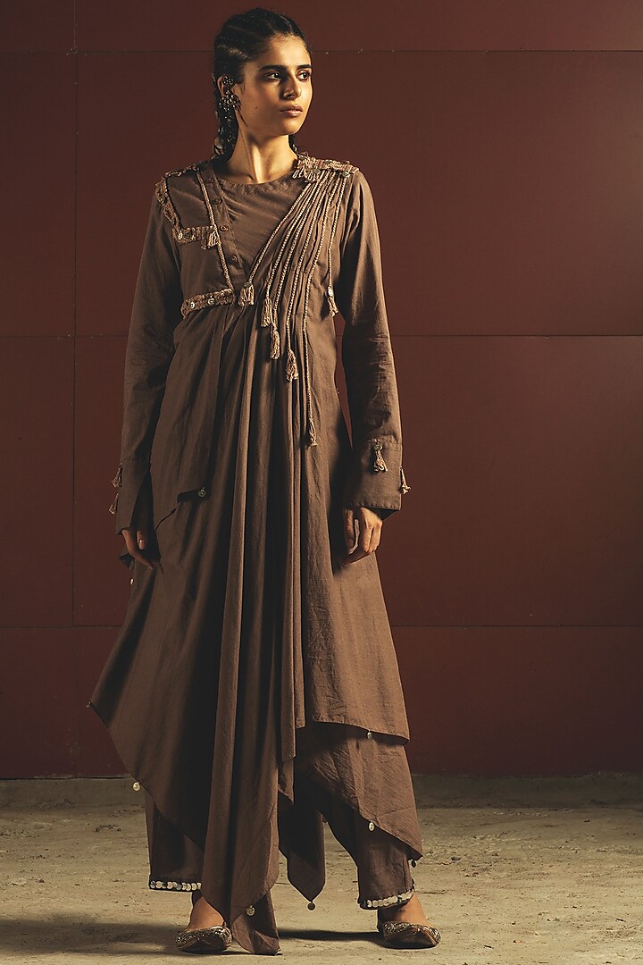 Brown Embroidered Tunic With Pants by Priyanka Singh