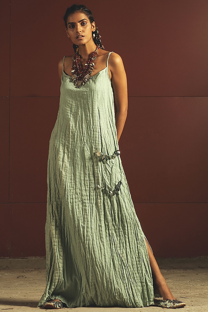 Mint Green Embroidered Dress With Slits by Priyanka Singh