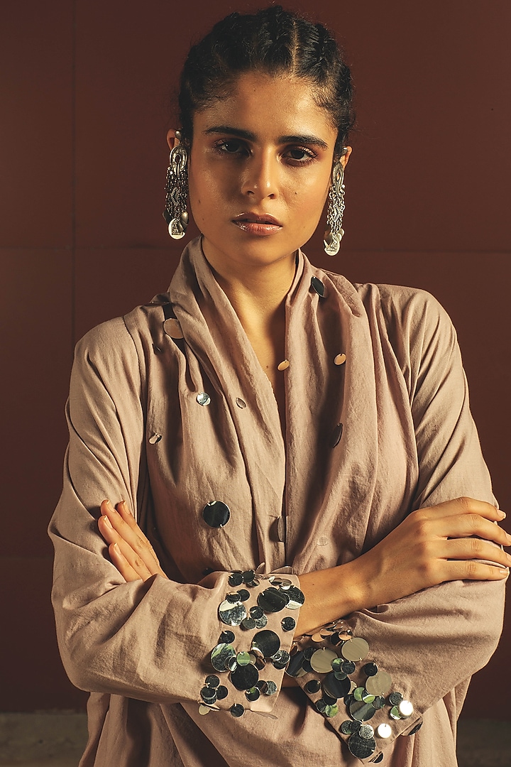 Beige Mirror Embroidered Oversized Summer Dress by Priyanka Singh at Pernia's Pop Up Shop