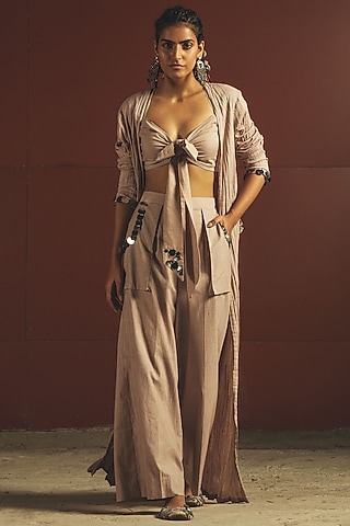 Beige Mirrors Embroidered Jacket Set by Priyanka Singh