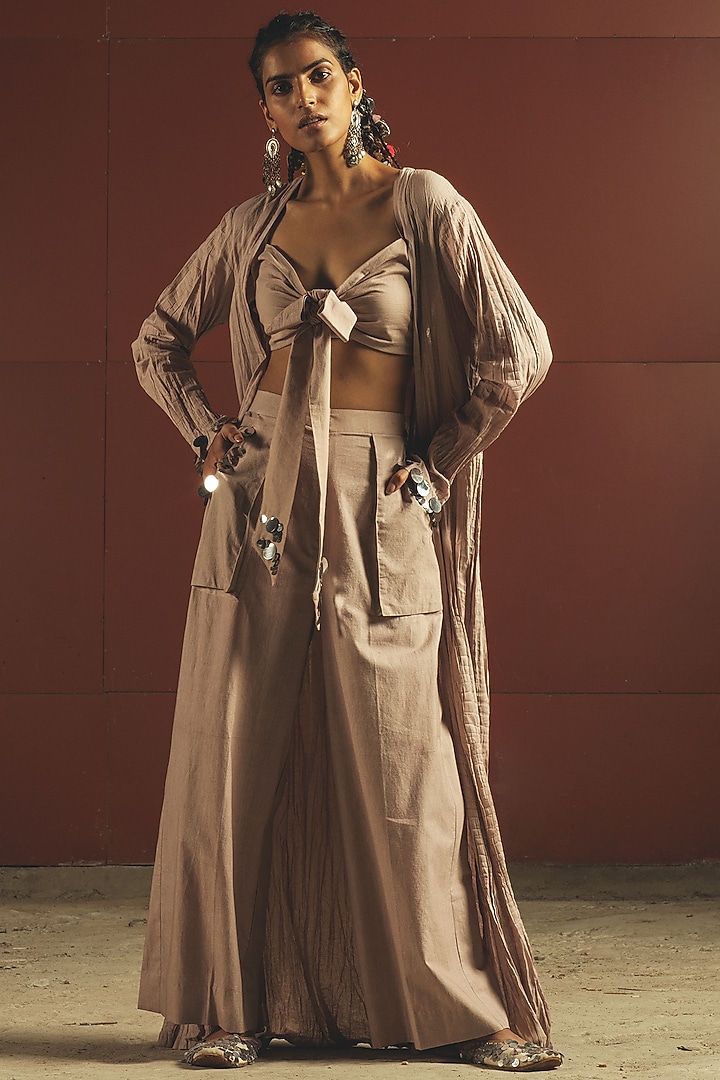 Beige Mirrors Embroidered Jacket Set by Priyanka Singh at Pernia's Pop Up Shop