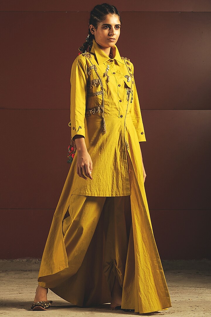 Yellow Embroidered Tunic With Pants by Priyanka Singh