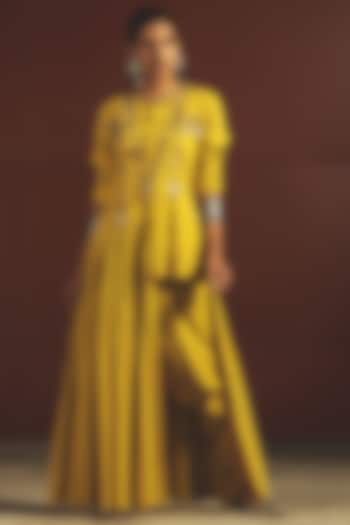 Yellow Embroidered & Pleated Tunic With Pants by Priyanka Singh
