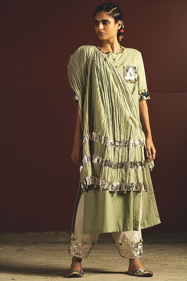 Mint Green & Off White Embroidered Kurta Set by Priyanka Singh