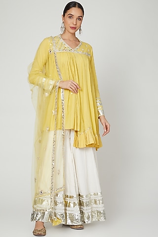 Off White Cotton Embroidered Gharara Set by Priyanka Singh