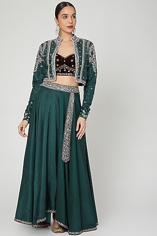 Emerald Green Embroidered Jacket Lehenga Set by Priyanka Singh