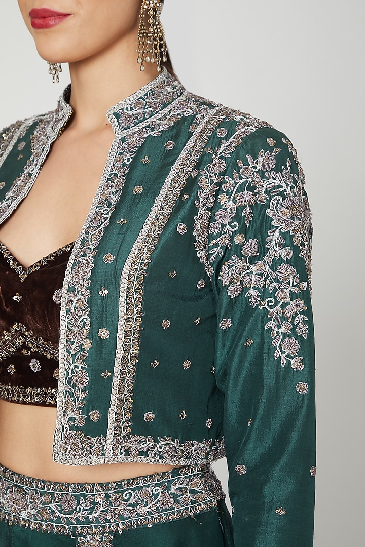 Emerald Green Embroidered Jacket Wedding Lehenga Set by Priyanka Singh at Pernia's Pop Up Shop